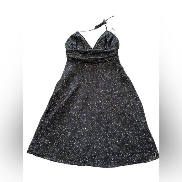 Express 100% Silk Black Gold White Speckled Empire Halter Sun Dress size 8 - Picture 1 of 10